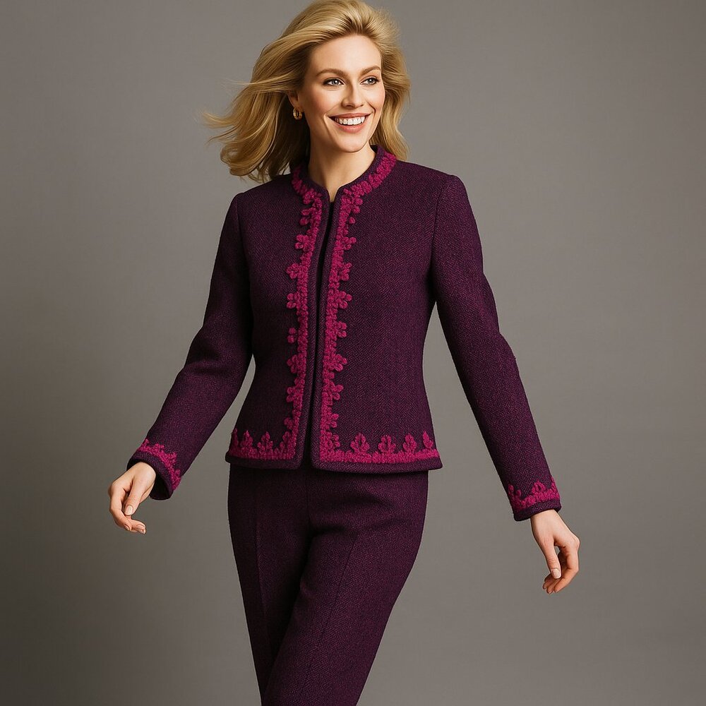 Carlisle Wool Blazer Pants Set Size 10 Purple Embroidered Asian Vintage Office - Picture 1 of 11